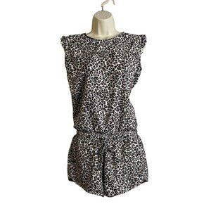 Albion Fit Leopard Print Romper Size Small Drawstring Waist Ruffle Sleeve Pocket